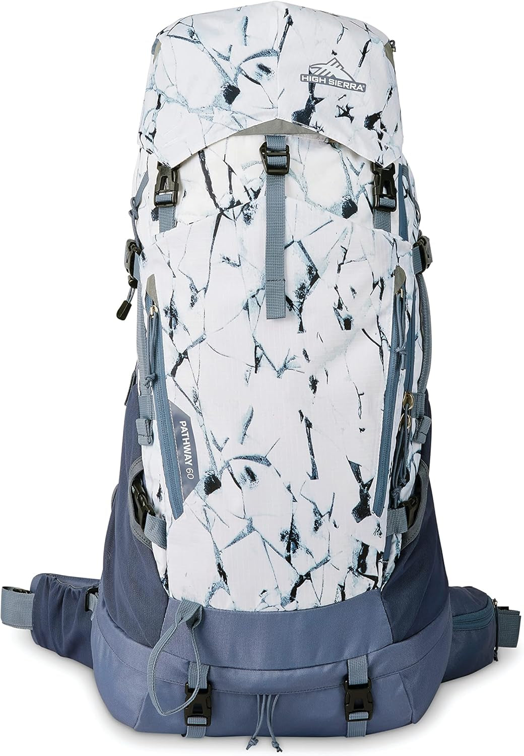 Pathway 2.0 Backpack with Hydration Storage Sleeve, for Hiking, Biking, Camping, Traveling, White Cracked Ice/Grey Blue, 60L