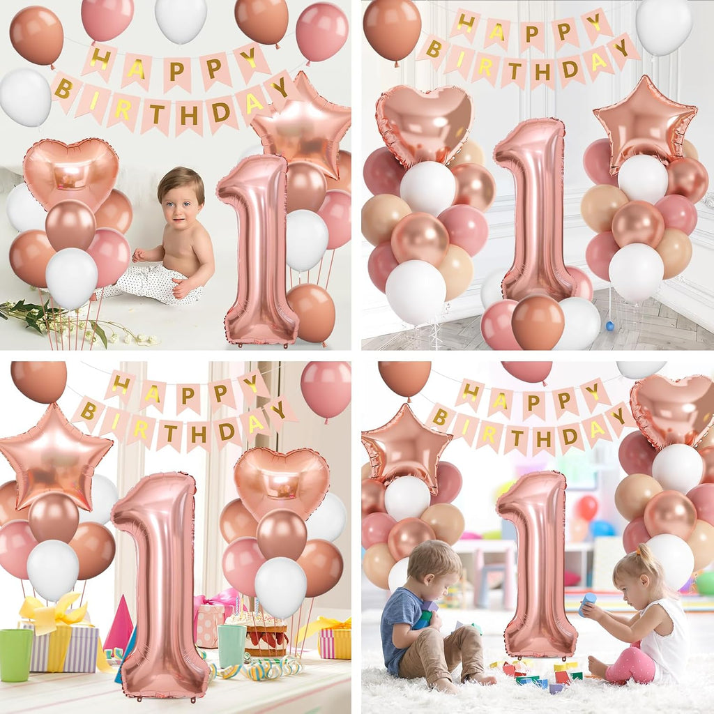 Boho St Birthday Decorations for Girls, Dusty Pink Rose Gold White Balloons with 40 Inch Number  Star Heart Foil Balloons Birthday Banner for  Year Old Groovy Anniversary Baby Shower Decor