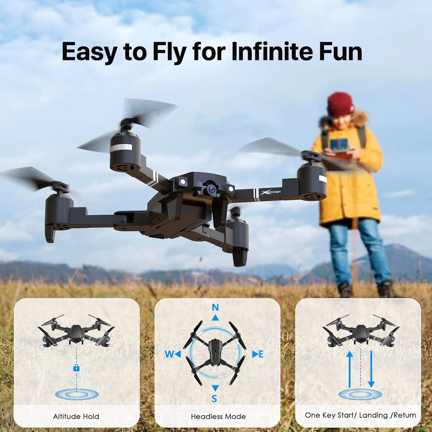 Drone with Camera for Adults & Kids, Skyquad Drone Foldable 1080P FPV Drone W/3 Batteries & Carrying Case,Rc Quadcopter of 30 Mins Flight Time,120°Fov,Voice&Gesture Control,One-Key Return,3D Flip