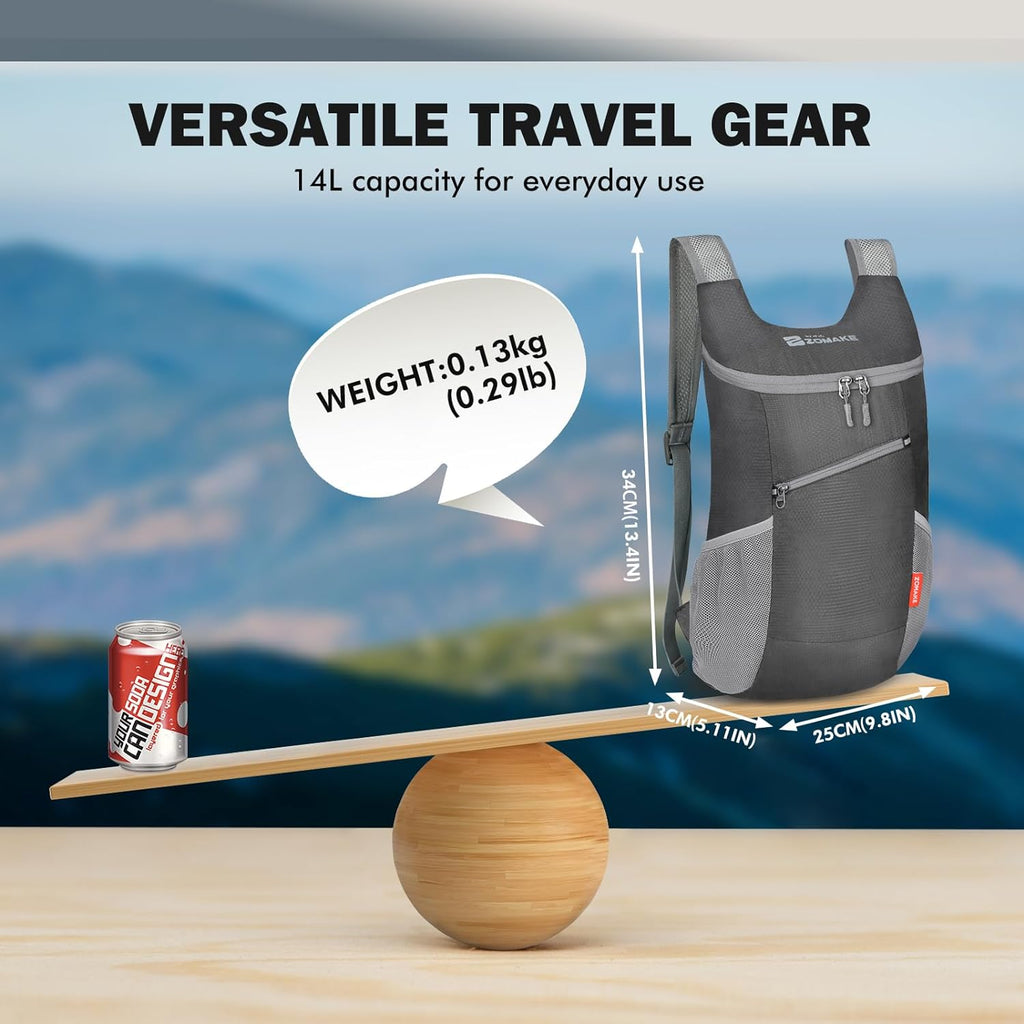 Lightweight Packable Backpack 14L - Foldable Backpack Small Daypack Hiking Backpack Water-Resistant Day Bag for Travel(Medium Grey)