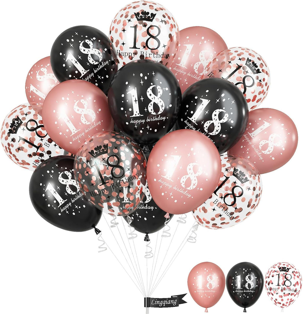 Rose Gold Black 18Th Birthday Decorations for Girls, 15Pcs Happy 18Th Birthday Helium Latex Balloons, Black Rose Gold Confetti 18Th Balloons for Girls Age 18 Years Old Birthday Party Decor Supplies