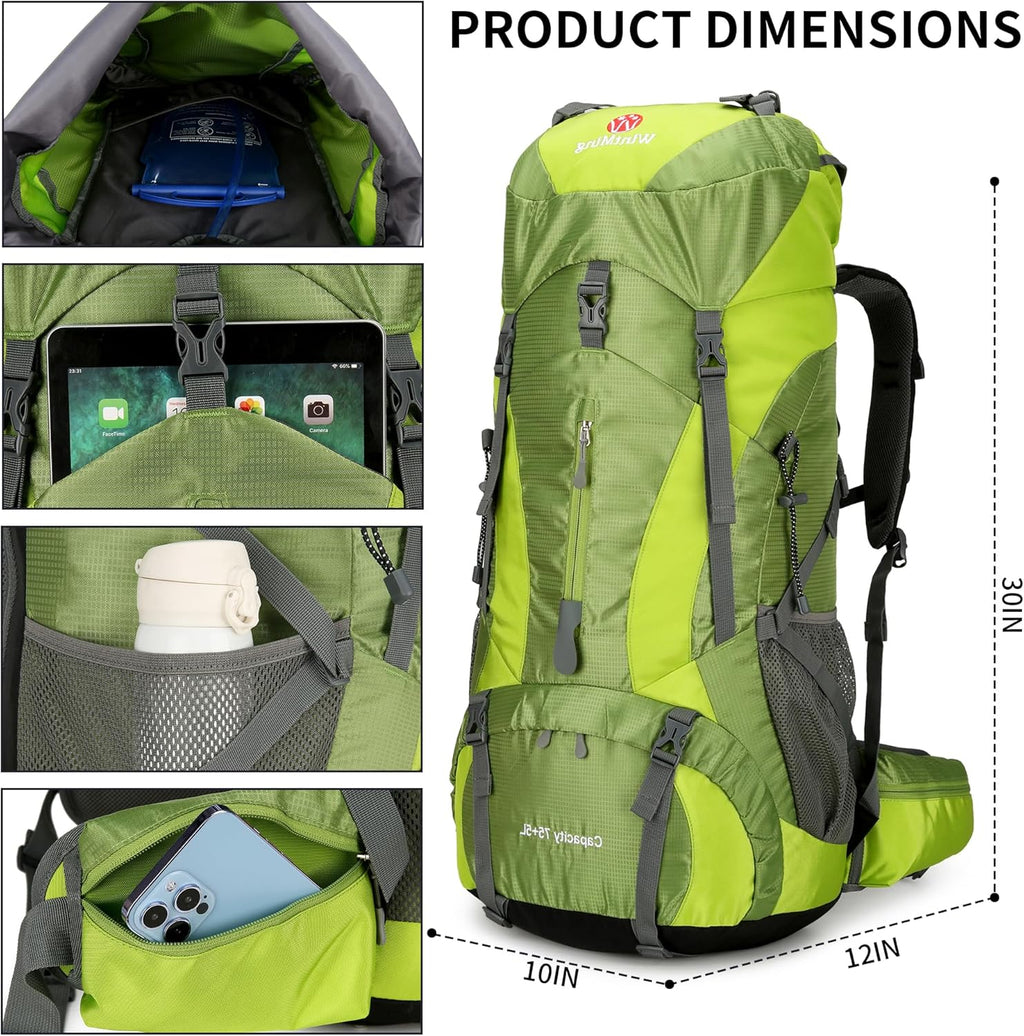 Hiking Backpack for Men and Women 70L+5L Waterproof Lightweight Camping Daypack with Rain Cover for Outdoor Travel Mountaineering - Frameless (Green)
