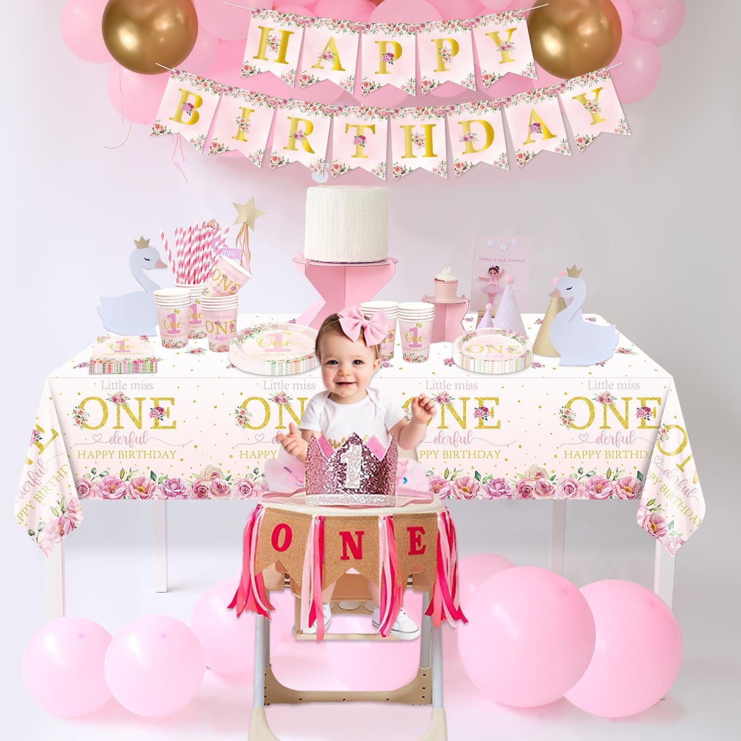 Floral 1St Birthday Party Decorations, Include Happy Birthday Banner, Paper Plates, Cups, Napkins, Little Miss Onederful Tablecloth for Girls First Birthday Party Decor Supplies, Serve 20 Guests