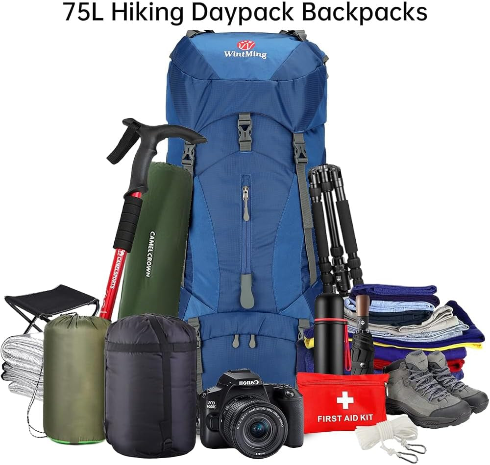 Hiking Backpack for Men and Women 70L+5L Waterproof Lightweight Camping Daypack with Rain Cover for Outdoor Travel Mountaineering - Frameless (Navy)
