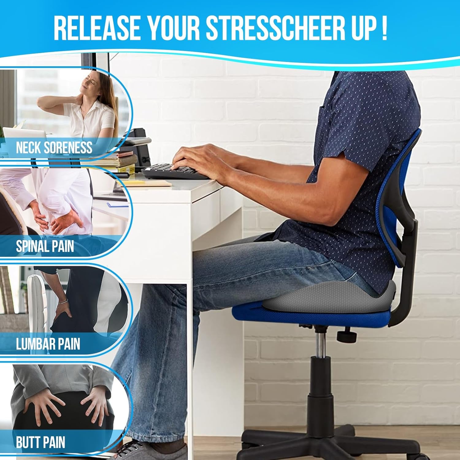 Memory Foam Seat Cushion,Thick Cushions for Office Desk Chair, Wheelchair,Car, Airplane, Relieving Pressure Tailbone Sciatica Back Pain Coccyx Cushion for Long Sitting Office Workers