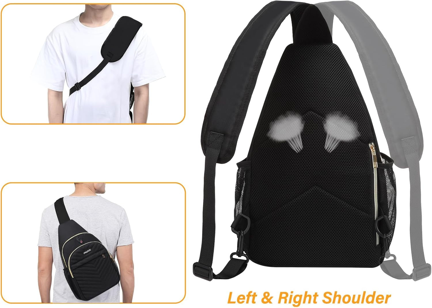 Sling Backpack Small Hiking Daypack, Quilted Crossbody Sling Bag with Removable Strap One Shoulder Chest Bag, Black