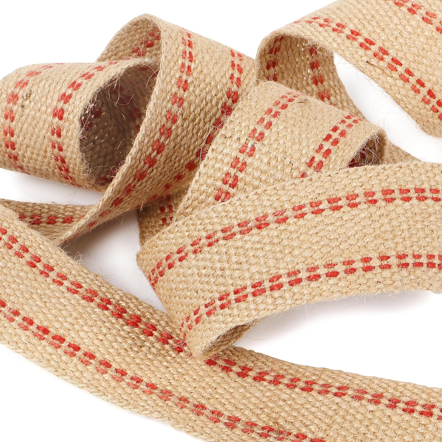 10 Metres Width 2" Roll Natural Burlap Red Line Jute Webbing Ribbon Craft Upholstery Tape for Outdoor DIY Gear Repair (Red Stripes)