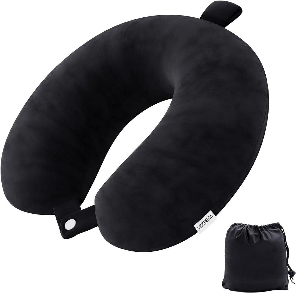 Travel Pillow Memory Foam Neck Pillow Lightweight Quick Pack for Airplane Train Car Travel Camping Neck Support Pillow (Black)