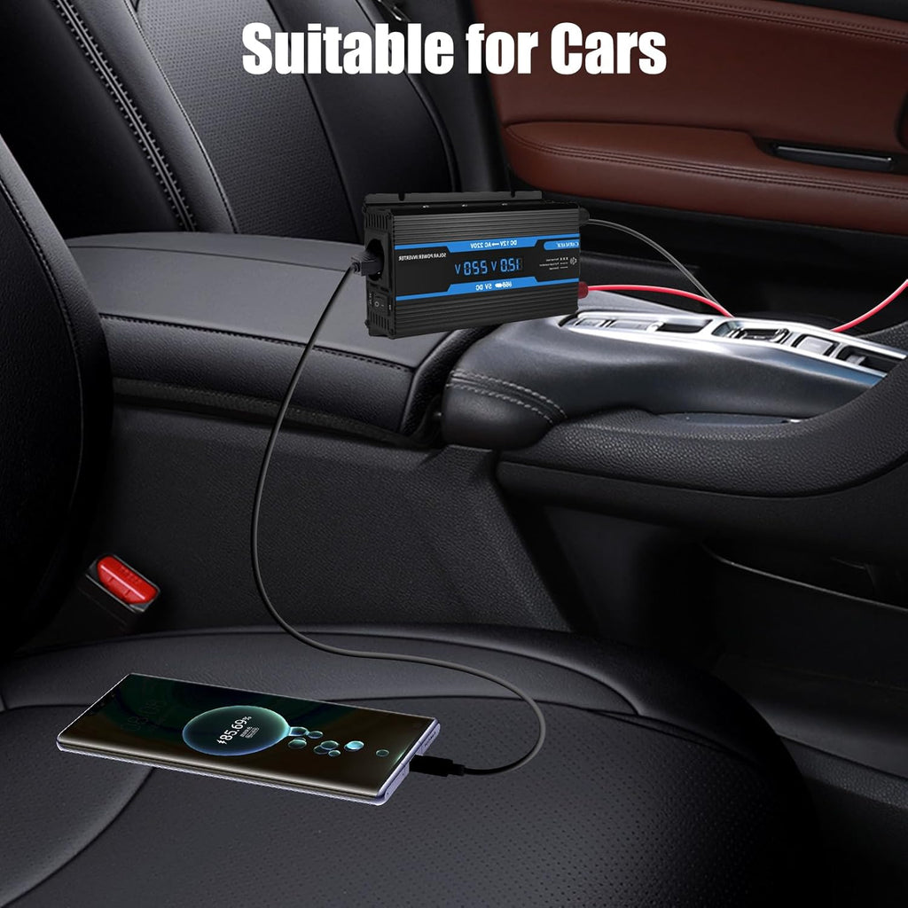2200W Power Inverter, Power Inverter DC 12V to AC 240V, Car Inverter, with LCD Display, with USB Port, with Car Cigarette Lighter Adapter, Suitable for Cars/Outdoors/Travel/Home