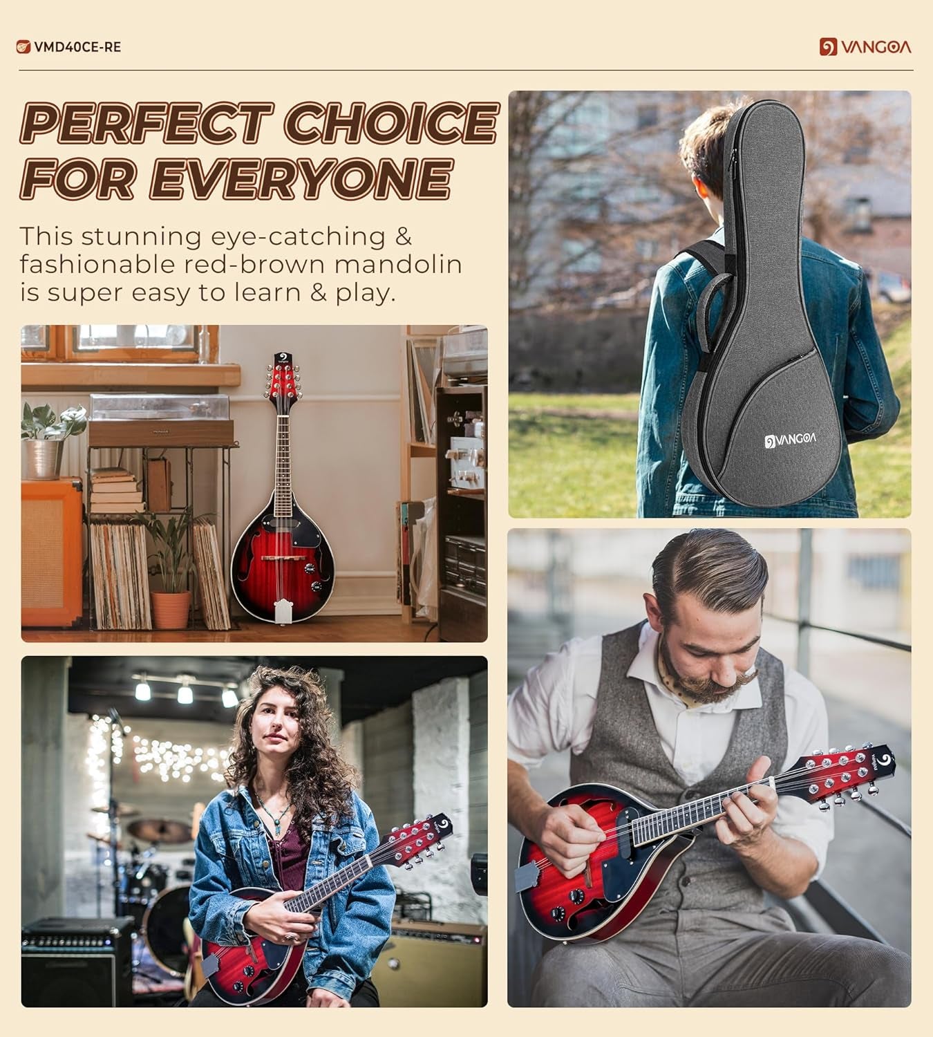 a Style Mandolin Acoustic Electric Mandolins Instrument for Beginner Red Sunburst Mahogany with Gig Bag Picks Strings Tuner Strap