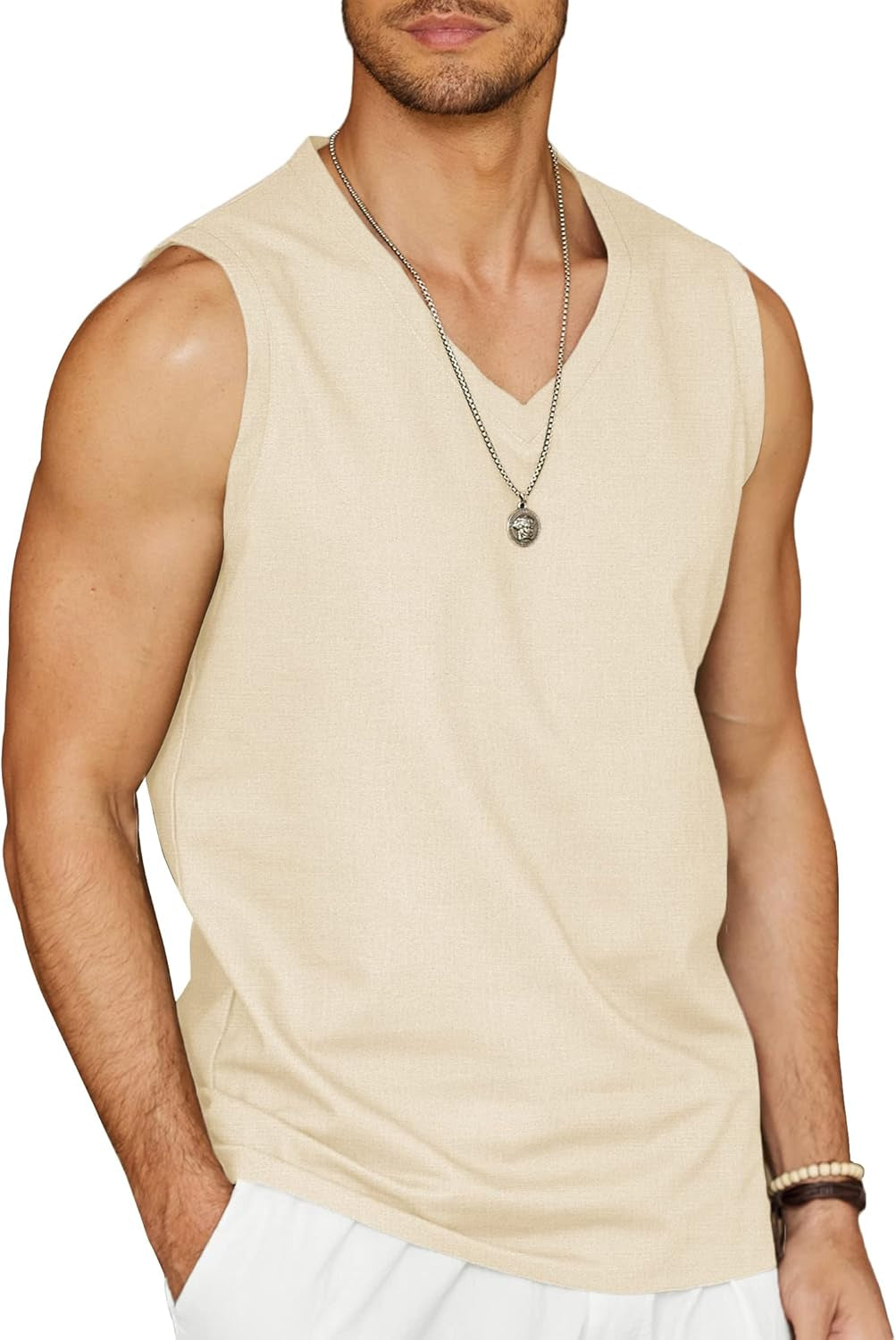 Men Linen Casual Tank Top Sleeveless Beach Summer Shirt Yoga Hippie Top Beige