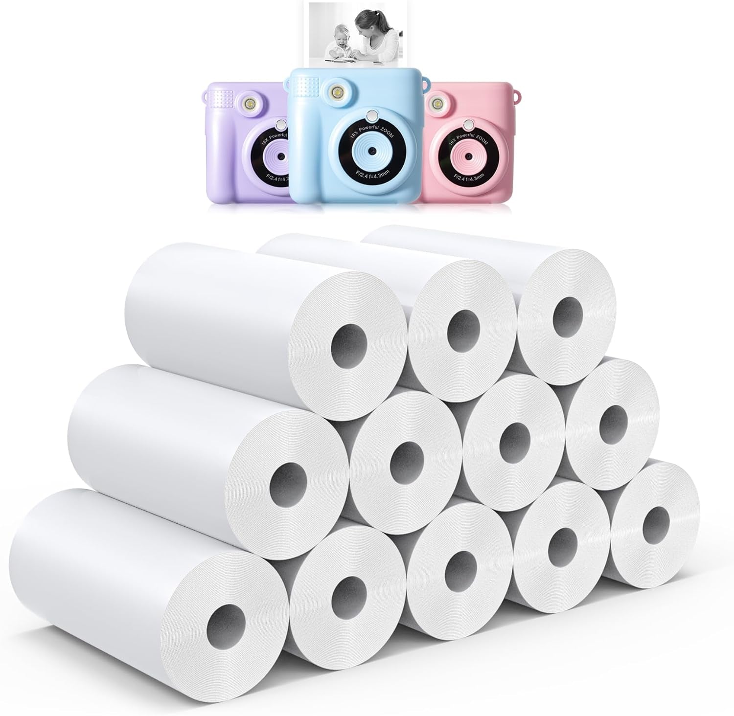 12 Rolls Kids Instant Print Camera Thermal Paper - Zero Ink Printing Paper Thermal Refill Paper Rolls for Most Kids Instant Digital Camera(White-12)