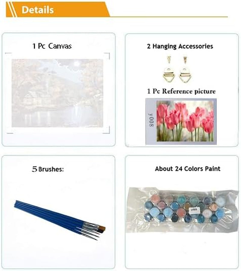 DIY Paint by Numbers Oil Painting Canvas for Kids or Adults Beginner with Brushes and Acrylic Paints Frameless(40X50Cm Tulip)
