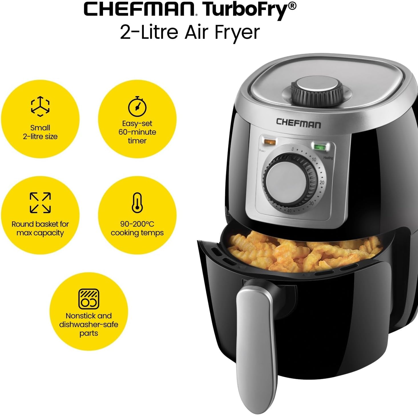 Turbofry 2-Litre Small Air Fryer, Compact Size, 1000W Power, Easy-Set 60-Minute Timer for Fast and Healthy Cooking, Uses No Oil, Nonstick Dishwasher-Safe Parts, Black