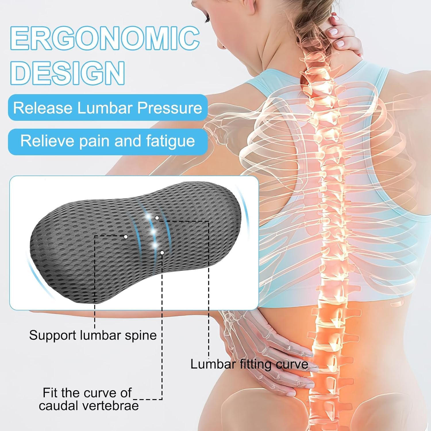 Lumbar Support Memory Foam Pillow, Lumber Support Cushions with Detachable Elastic Strap for Car Office Chair, Adjustable Car Seat Back Support Pillow for Promotes Back Pain Relief