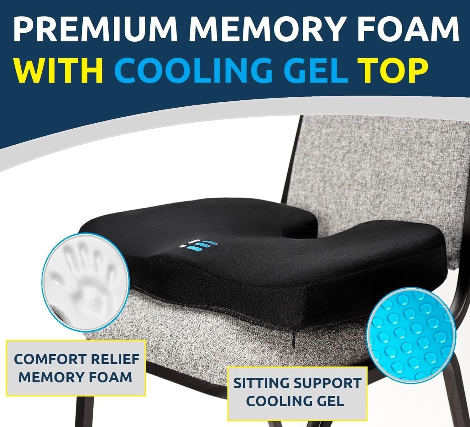 Memory Foam Seat Cushion for Pressure Relief - Gel Enhanced Coccyx Cushion for Tailbone Pain - Lower Back Support, Sciatica Seat Cushions, Office Chair Cushion for Long Sitting