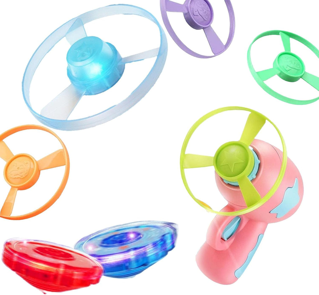 Flying Disc Launcher Toy,Fun and Easy-To-Use Outdoor Toys outside Yard Games Kids 3-8,1 Flying Saucer & 6 Discs and Gyroscope(2 Glow in the Dark)，Launch up to 32 Ft (Pink)