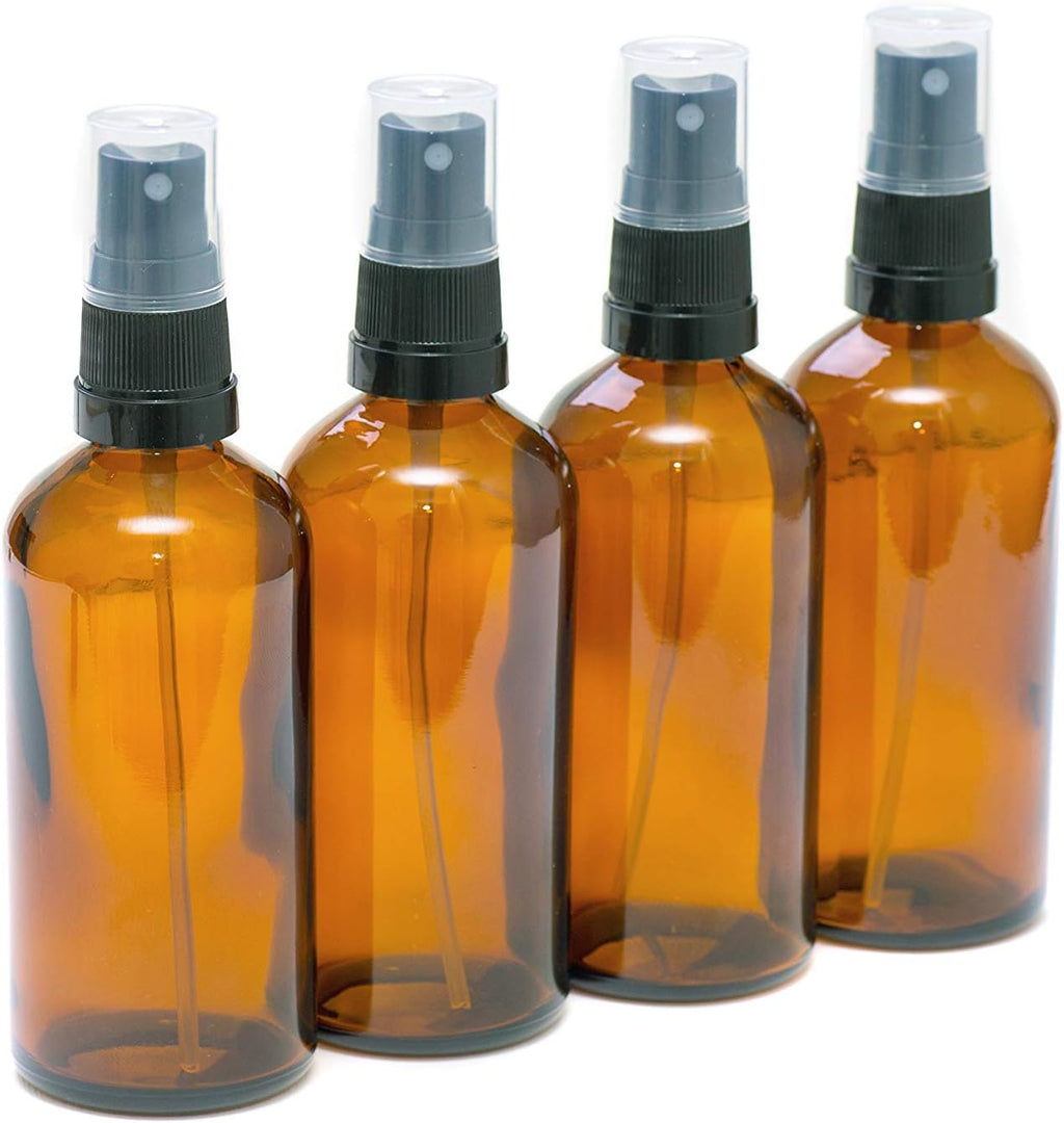 PACK of 4-100Ml AMBER GLASS Bottles with Black ATOMISER Sprays. Essential Oil/Aromatherapy Use