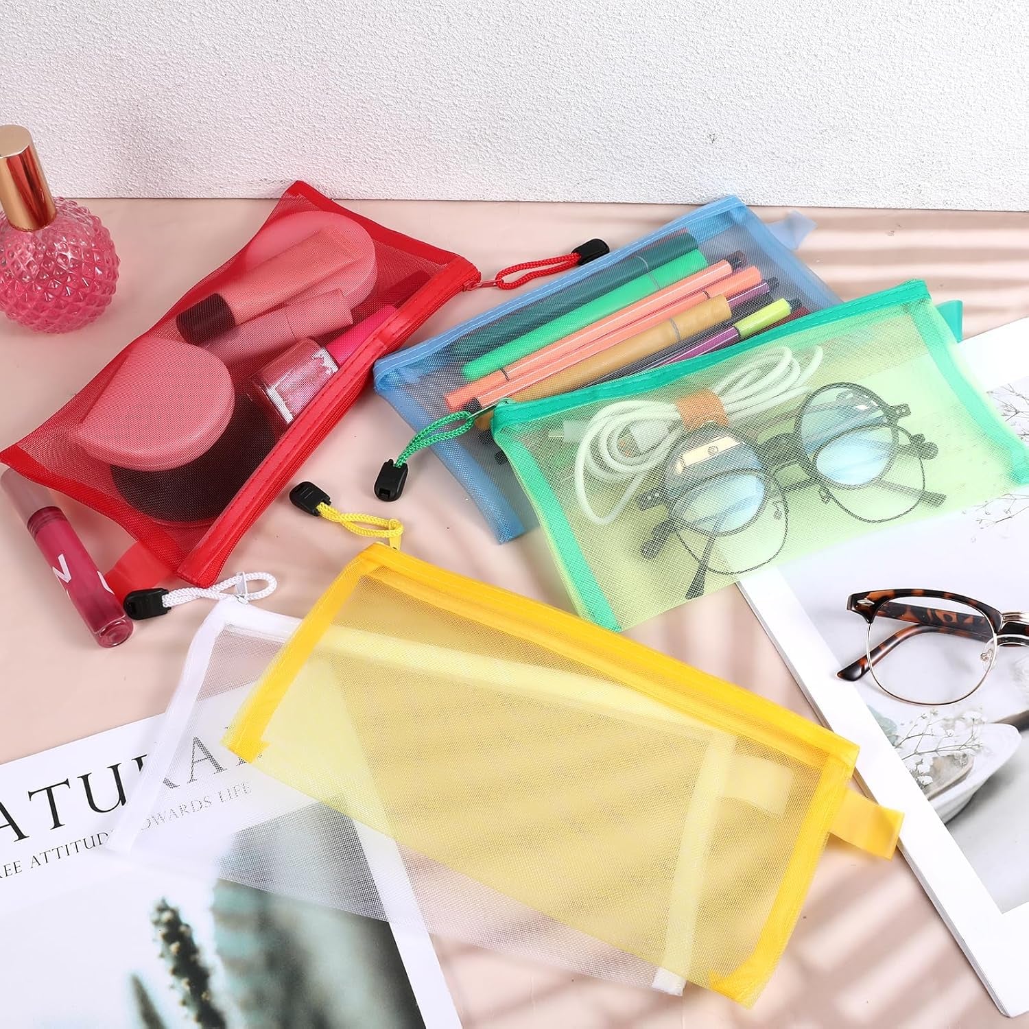 5 Pack Zipper Mesh Pouch, Multipurpose Nylon Cosmetic Bag, Portable Zipper Pouch Pencil Case, Toiletry Bag Organizing Pouches for Travel, for Daily or Travel to Keep Small Items, 5 Colors