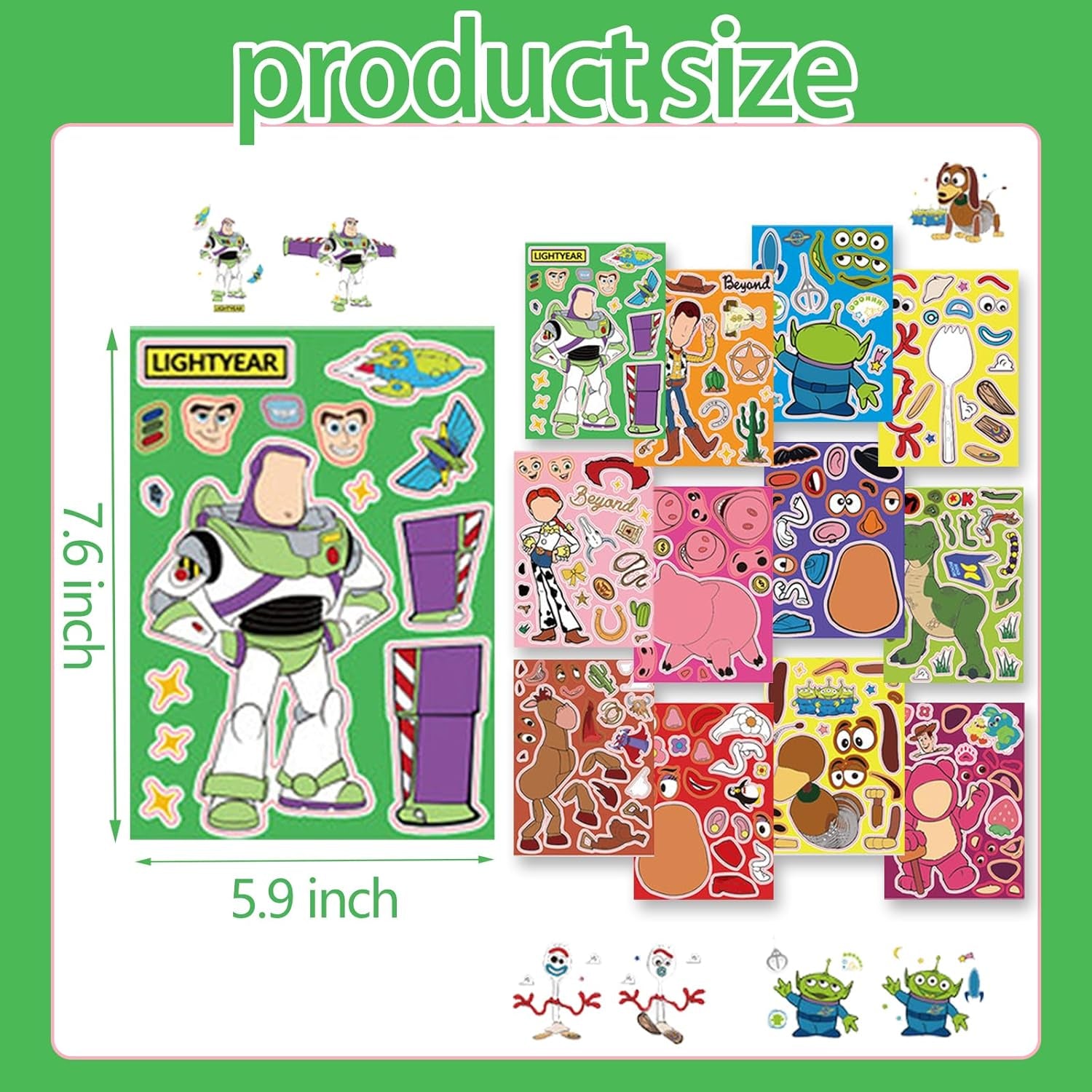 36PCS Party Favors,Make a Face Sticker Sheets,Make You Own Stickers DIY Cartoon Stickers for Toy Birthday Party Supplies, Green
