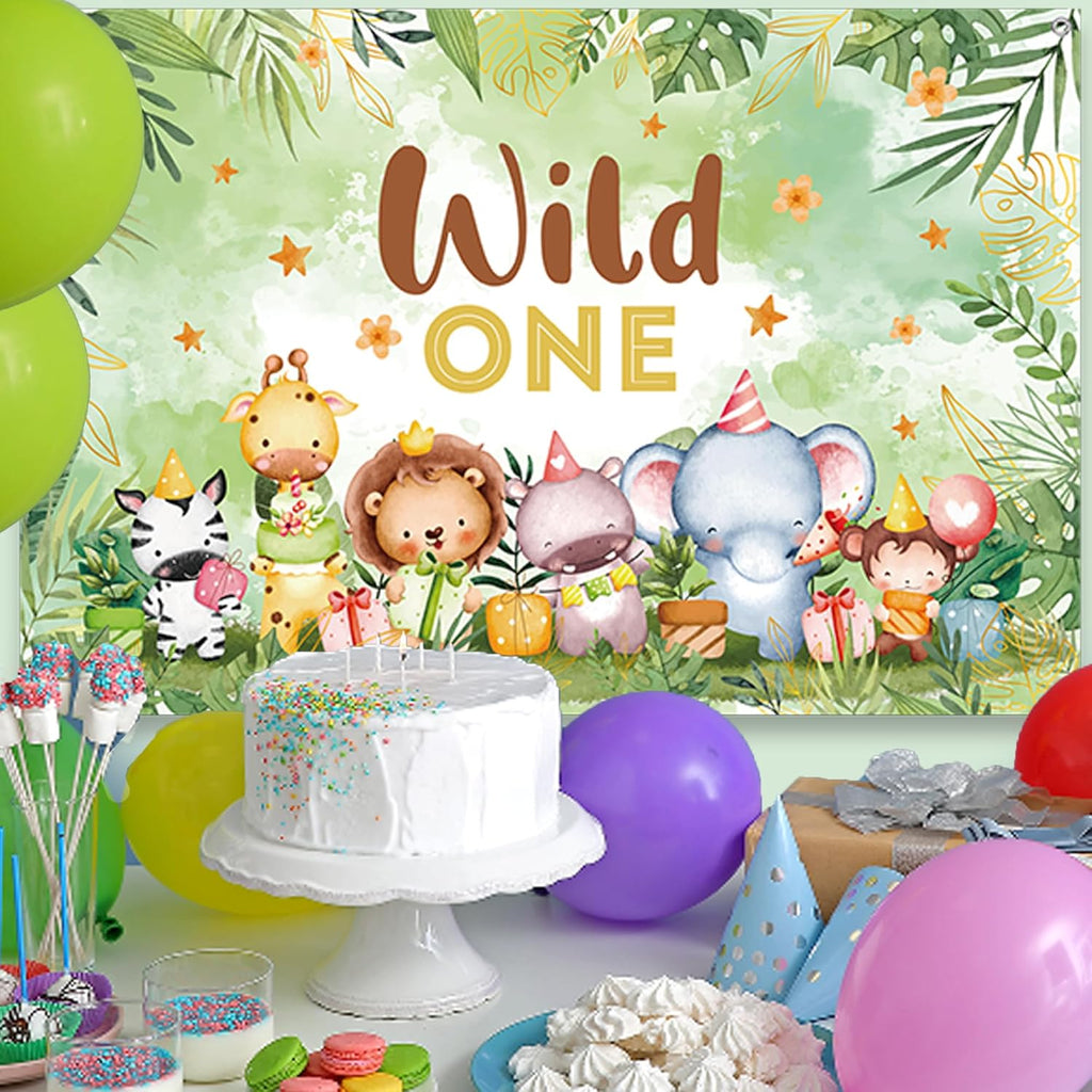 Wild One Birthday Decorations Backdrop - Happy 1St Birthday Decoration Banner for Boys Girls, Jungle Animal First Party Photo Background, Kids Cartoon Animal Theme Banners Poster(180 X 120 CM)