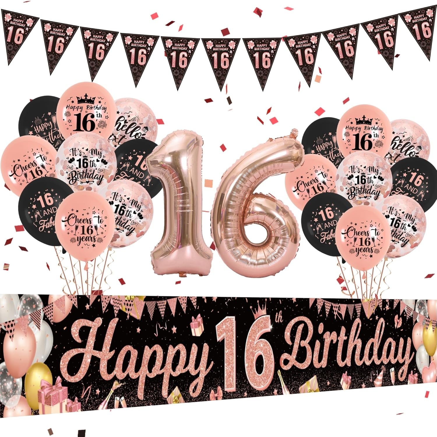 16Th Birthday Decorations for Girls - Rose Gold 16Th Birthday Decorations Includes 16Th Birthday Banner, Latex Balloons, Pennants, Number Balloons, for Indoor and Outdoor 16Th Birthday Party