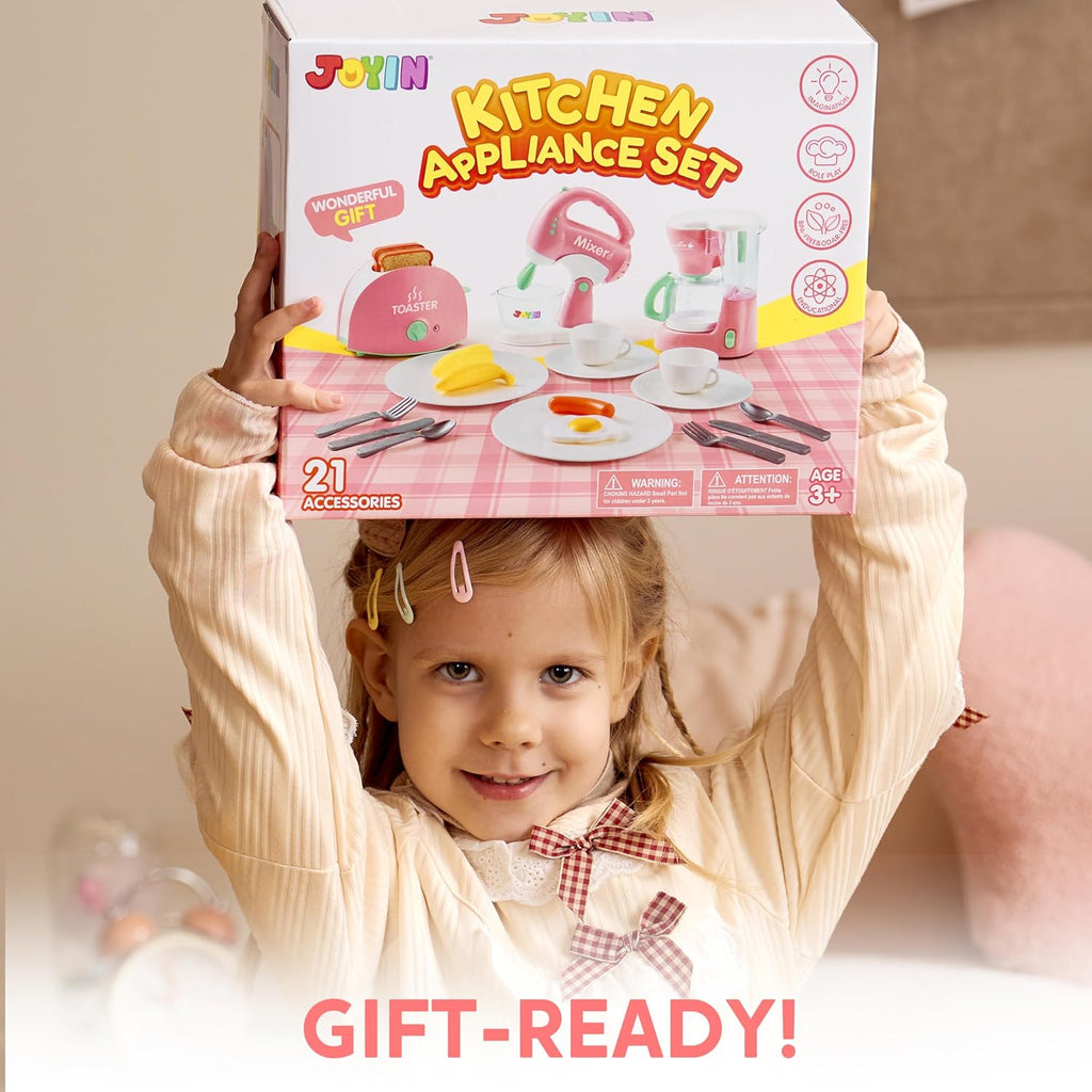 Play Kitchen Toys, Pretend Play Food Kitchen Accessories Girlstoy with Coffee Maker, Mixer, Toaster with Realistic Lights& Sounds, Birthday Gift for Kids Ages 2 3 4 5, Pink