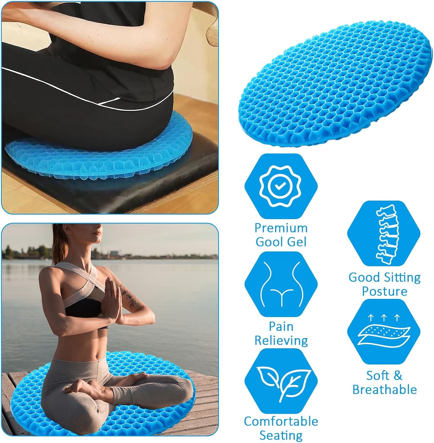 Gel Cushion for Sitting, Soft Sitter Cushion, Gel Cushion for Sitting Gel Seat Cushion for Long Sitting Breathable Cool Double Thick Seat Cushion Cushion for Office Chair Car Wheelchair