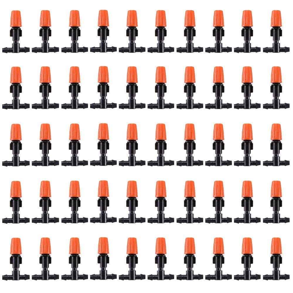 50 Pcs Adjustable Irrigation Drippers with Connect Tee, Garden Irrigation Misting System Sprinkler Patio Mister Micro Spray Misting Drip Kit(Orange)