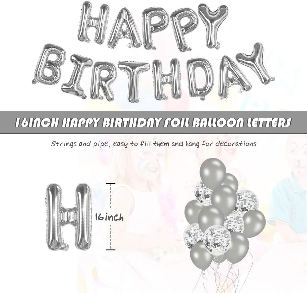 Happy Birthday Balloons, 16 Inch Happy Birthday Banner Party Decorations, Self Inflating Letter Silver Balloons for Adults Kids Party Decor