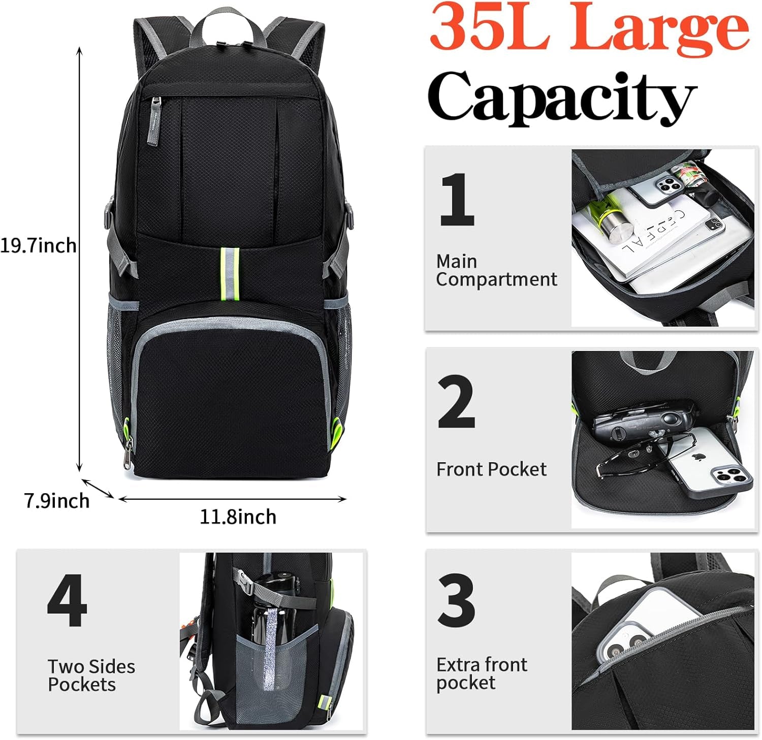 Hiking Backpack, 35L Camping Travel Backpack Packable Outdoor Sports Camping, Water Resistant Lightweight Travel Daypack for Men Women, Black