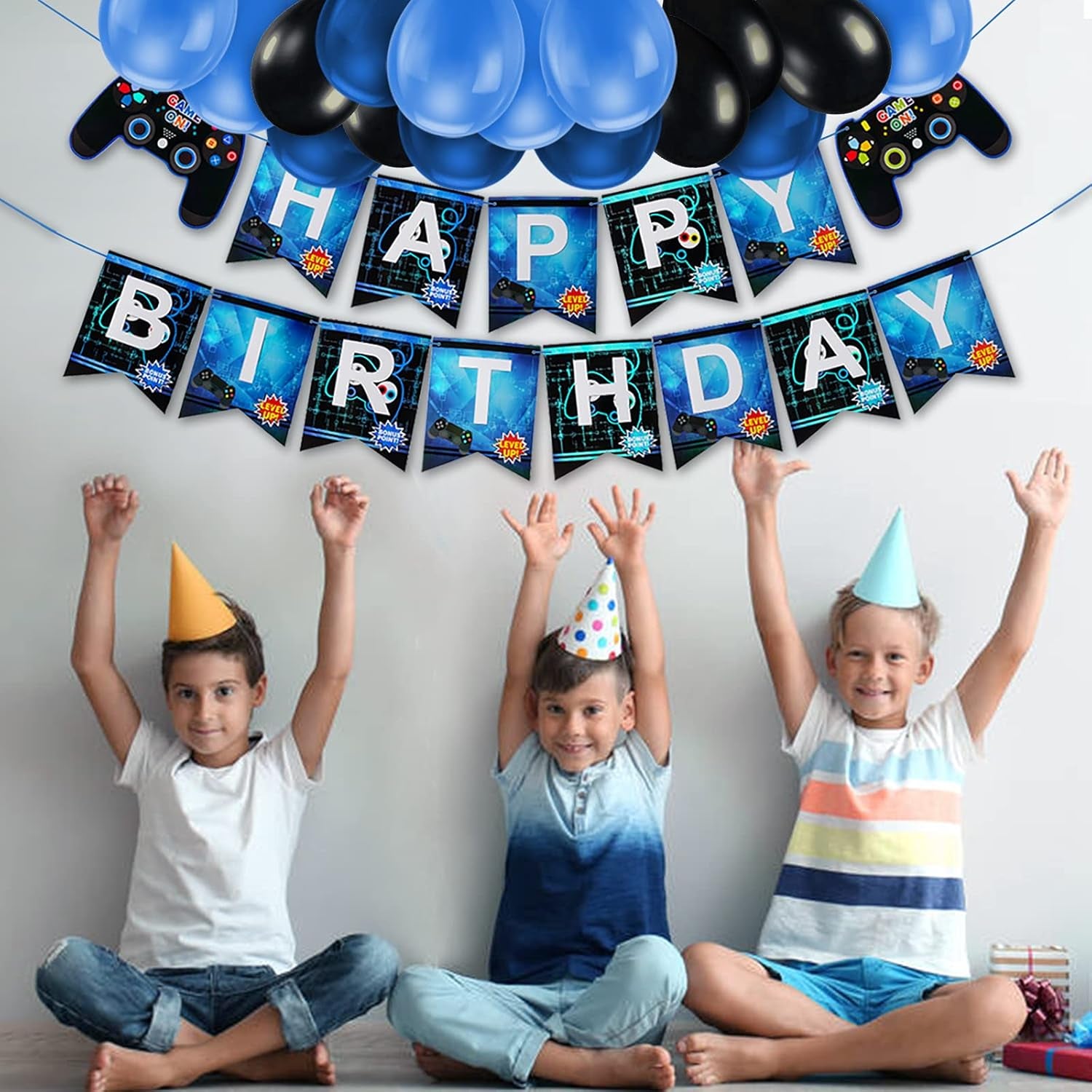 11Th Birthday Decorations for Boys, Gaming Party Decorations Supplies Set, Controller Balloons and Blue Black Balloons, HAPPY BIRTHDAY GAME on WELCOME Hanging Banner for Boys
