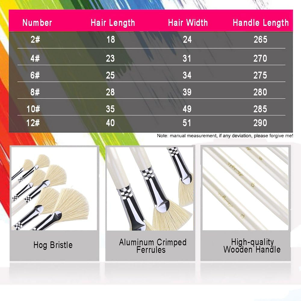 Fan Brushes -  Artist Soft Anti-Shedding Hog Bristle Paint Brush Set for Acrylic Watercolor Oil Painting (6 Pcs)