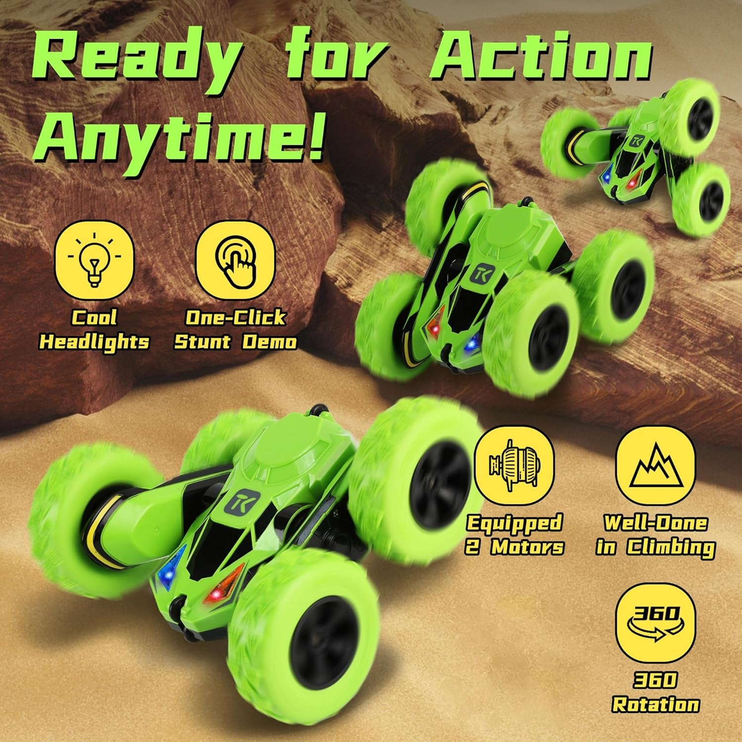 RC Stunt Cars Remote Control Car Double-Sided Driving 360-Degree Flips Rotating Car Toy, Green