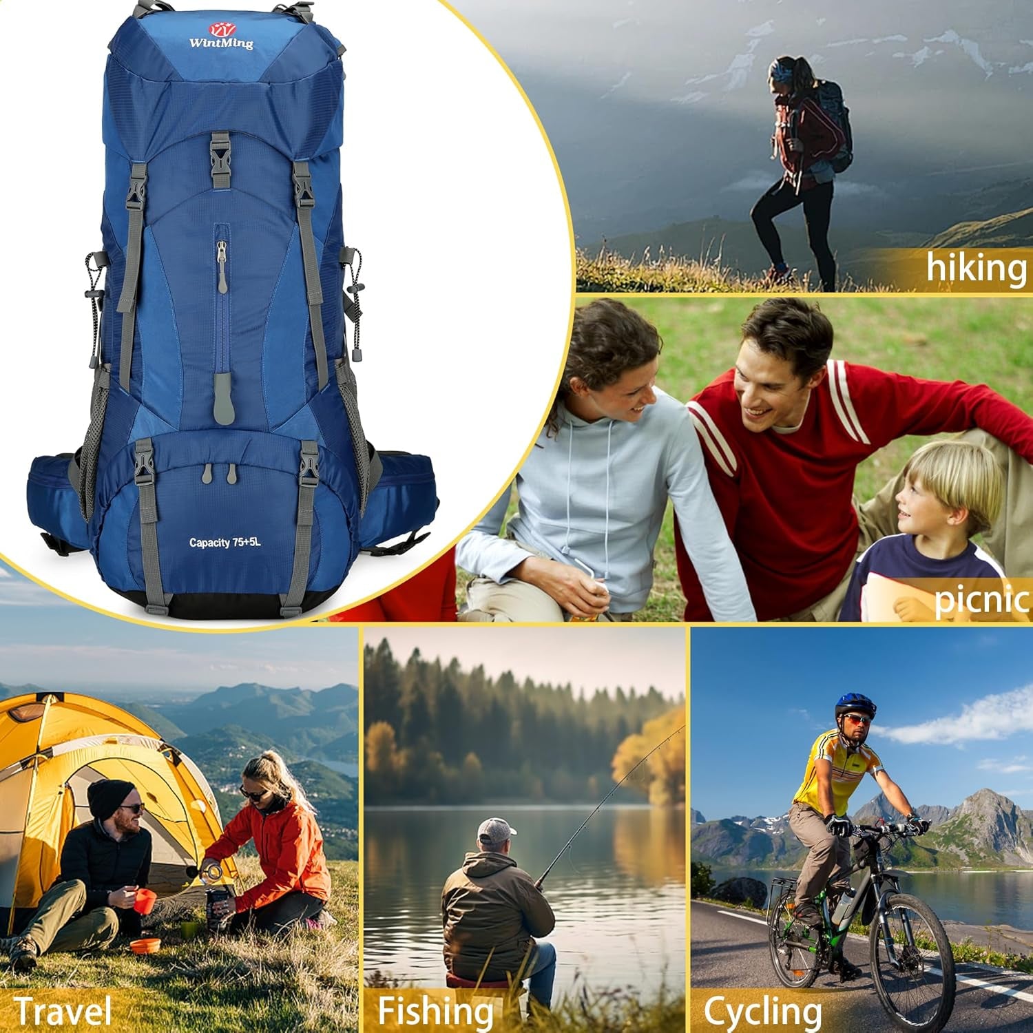 Hiking Backpack for Men and Women 70L+5L Waterproof Lightweight Camping Daypack with Rain Cover for Outdoor Travel Mountaineering - Frameless (Navy)