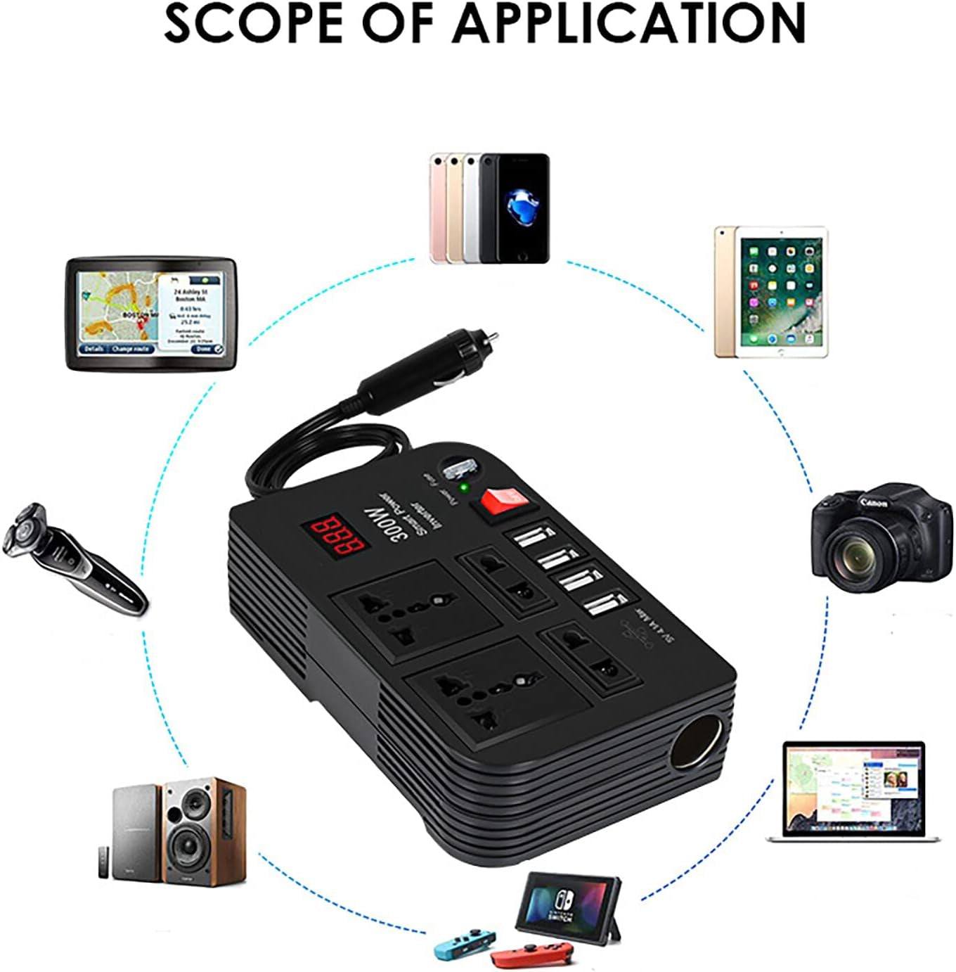 300W Car Power Inverter,Dc 12V to AC 220V Car Power Inverter with 4 AC Outlets 4 USB Ports