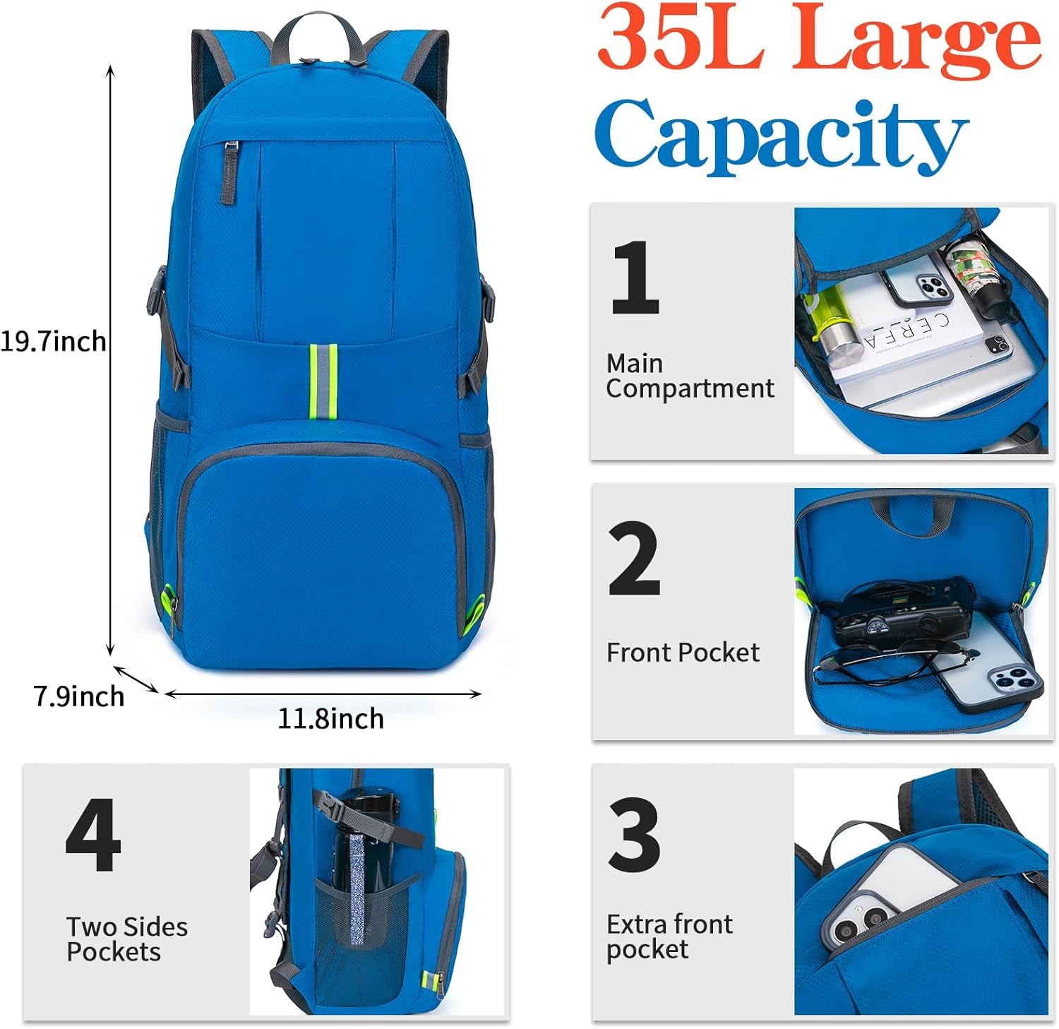 Hiking Backpack, 35L Camping Travel Backpack Packable Outdoor Sports Camping, Water Resistant Lightweight Travel Daypack for Men Women, Sky Blue