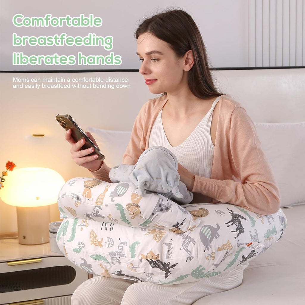 Nursing Pillow for Breastfeeding Baby, Multifunctional Breast Feeding Pillow with Adjustable Waist Strap and Safety Fence, 100% Cotton Removable Pillowcase, Animal Pattern