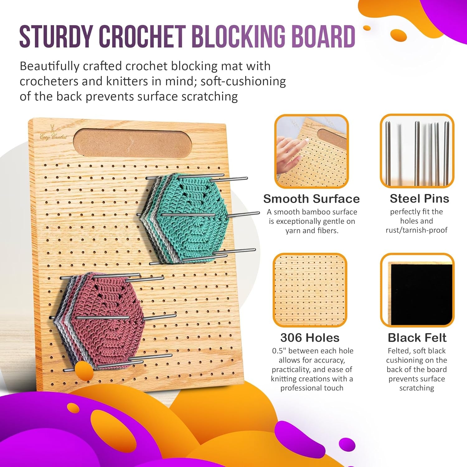 - Blocking Board for Crochet and Knitting - Wooden Blocking Mats for Knitting 20 Stainless Steel Pins and Pin Holder | Bonus Crochet E-Book - 11 X 9 Inches