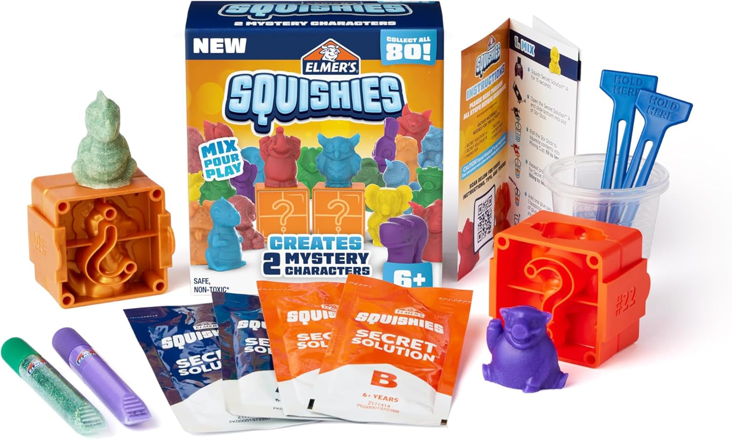 Elmer’S Squishies Kids’ Activity Kit, DIY Squishy Toy Kit Creates 2 Mystery Characters, 12 Piece Kit