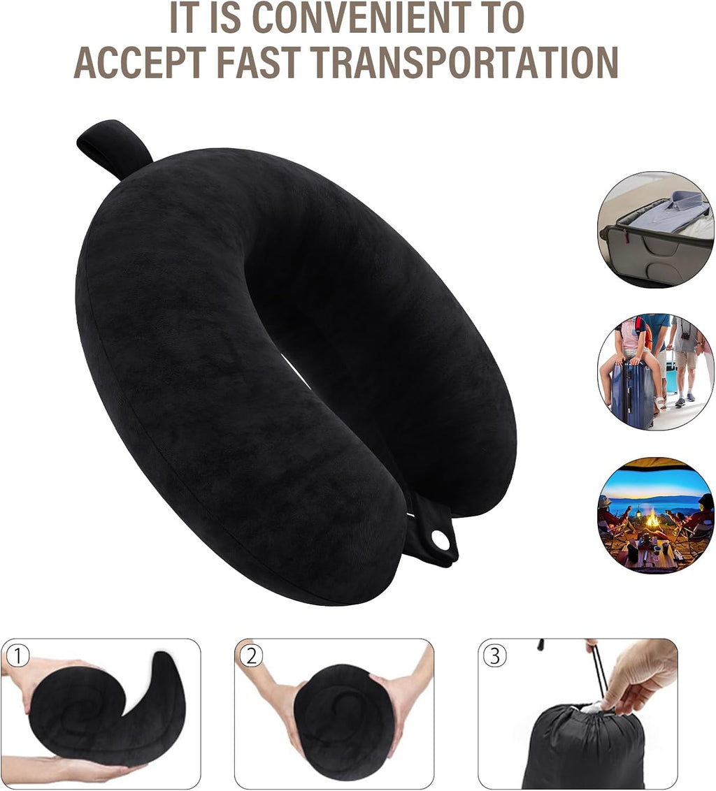 Travel Pillow Memory Foam Neck Pillow Lightweight Quick Pack for Airplane Train Car Travel Camping Neck Support Pillow (Black)