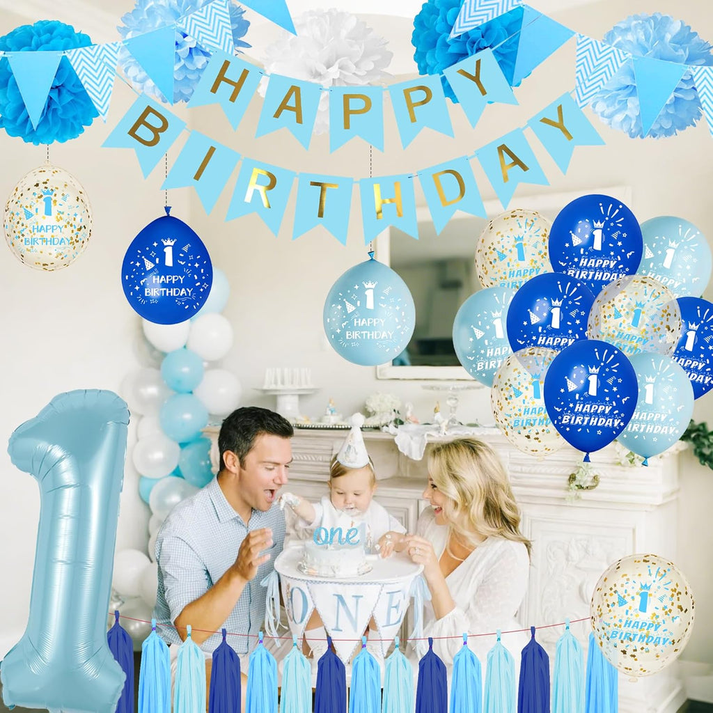 1St Birthday Decorations for Boys Blue - First Balloons Happy Birthday Banner One Cake Topper Number 1 Balloon Tassel, Tissue Paper Pom Poms Decoration for 1 Year Old Baby Boy Party Celebration