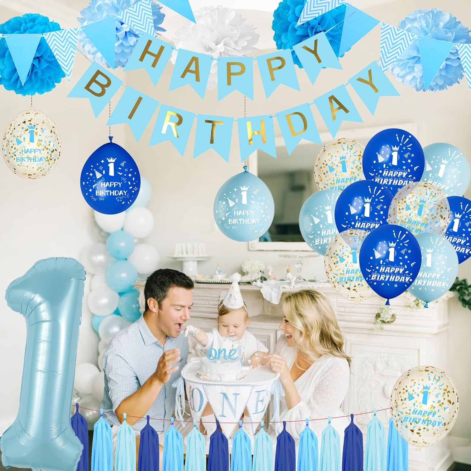 1St Birthday Decorations for Boys Blue - First Balloons Happy Birthday Banner One Cake Topper Number 1 Balloon Tassel, Tissue Paper Pom Poms Decoration for 1 Year Old Baby Boy Party Celebration