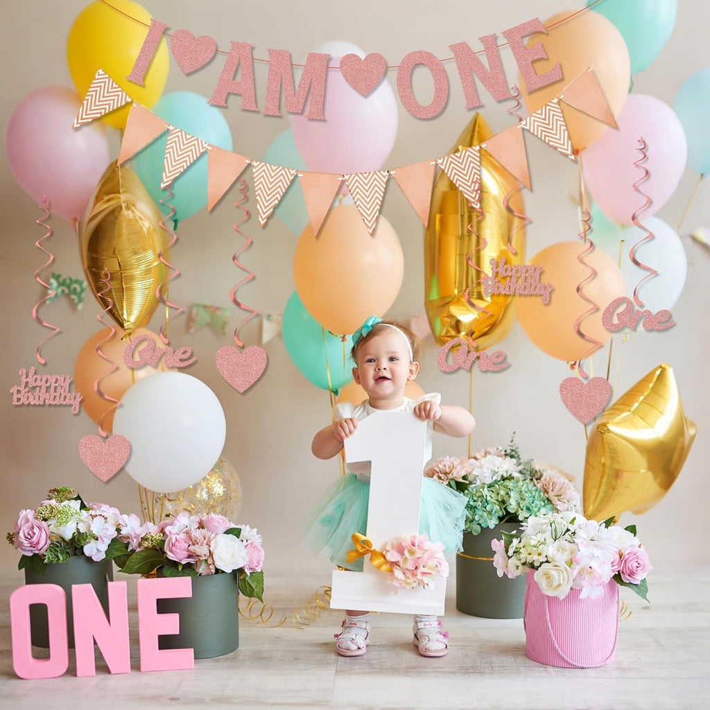 Happy 1St Birthday Decorations Banner - Rose Gold First Birthday Banners Bunting Set for Girls, Glitter Letter One and Heart Swirl Hanging for Baby One Happy Birthday Party Supplies
