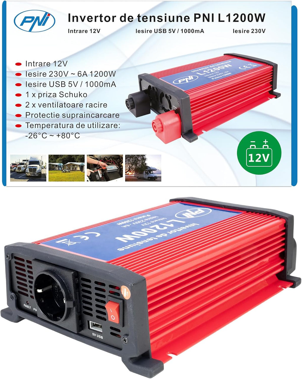 Power Inverter  L1200W, Input 12V - Output 230V, Output Power 1200W, 1 X 230V Socket, USB2.0