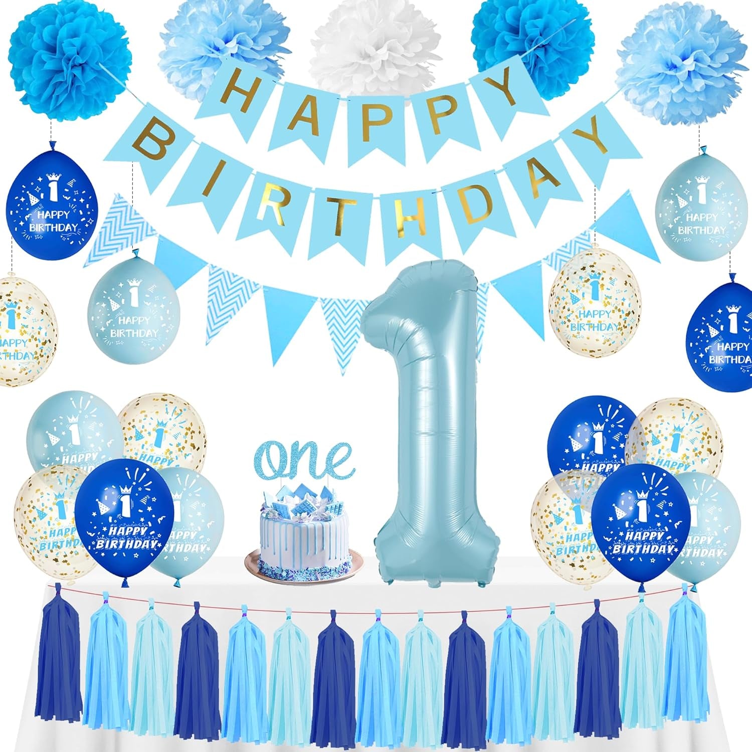 1St Birthday Decorations for Boys Blue - First Balloons Happy Birthday Banner One Cake Topper Number 1 Balloon Tassel, Tissue Paper Pom Poms Decoration for 1 Year Old Baby Boy Party Celebration