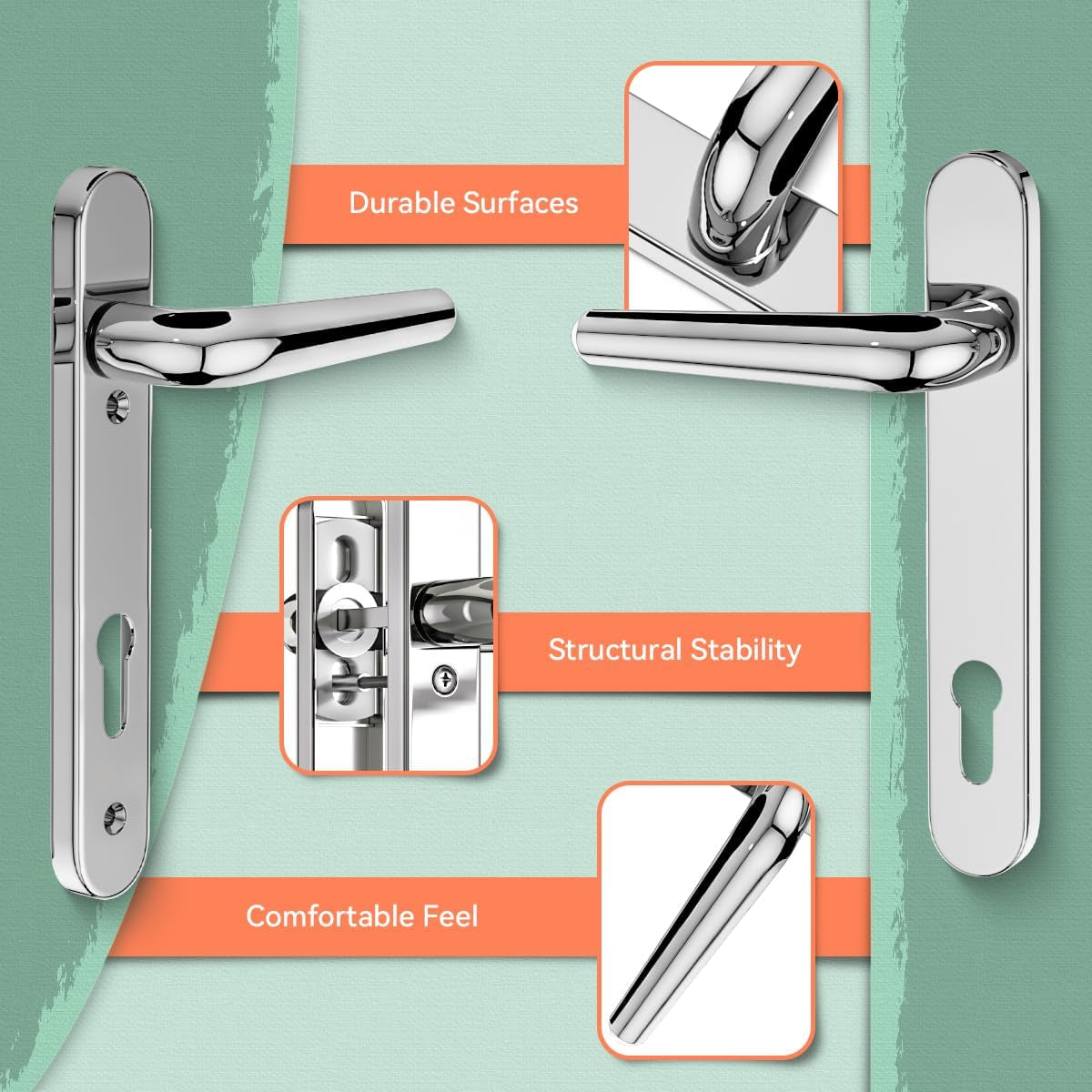 1 Set Polished Chrome UPVC Door Handle Set Stainless Steels 304, 92Mm Backset,122Mm Screw Hole Distance, 219Mm Plate Length Front Door Handles for UPVC Door