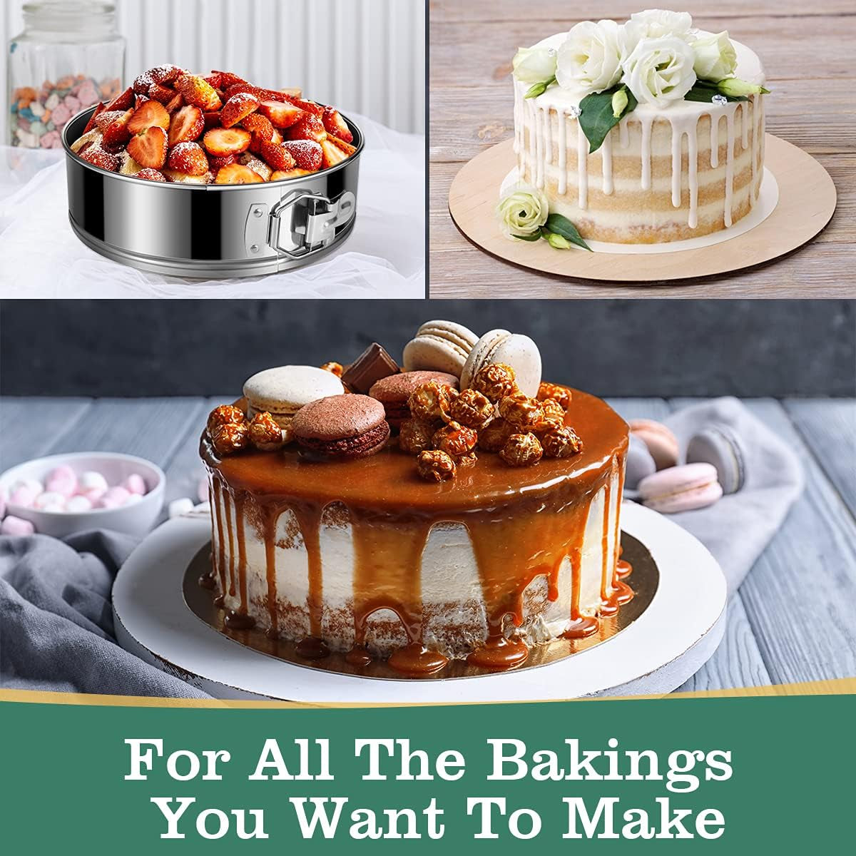 Stainless Steel Cake Pan Set - 3 Sizes 4" 7" 9" Leakproof round Cheesecake Pan with Removable Bottom, 50 Pcs Parchment Paper Liners and 7 Pcs Russian Piping Tips