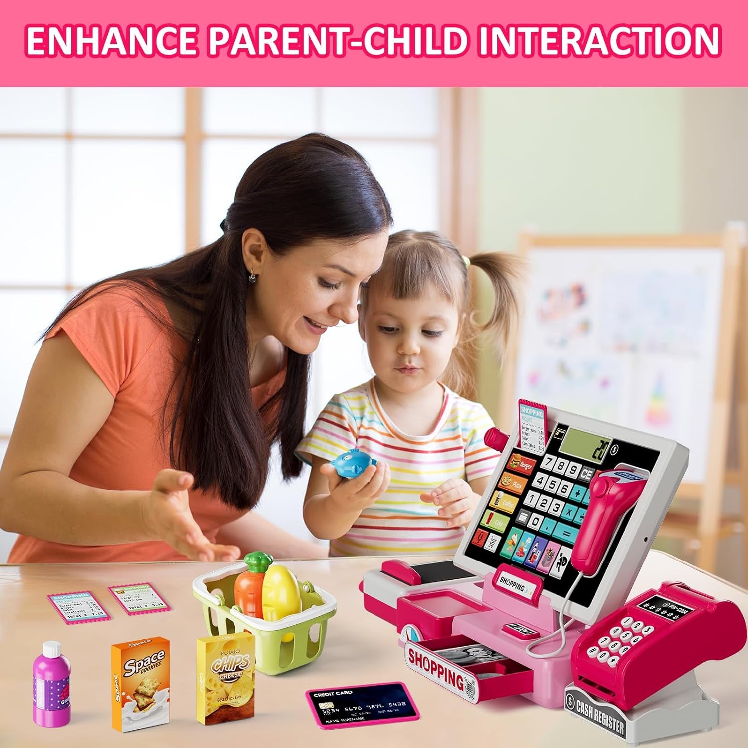 Kids Cash Register Toy Playset with Real Calculator, Toddler Pretend Play Store Incl Scanner/Credit Card/Play Money/Conveyor/Food Toys, Learning Toys Gifts for Girls Ages 4-8 8-12, Pink