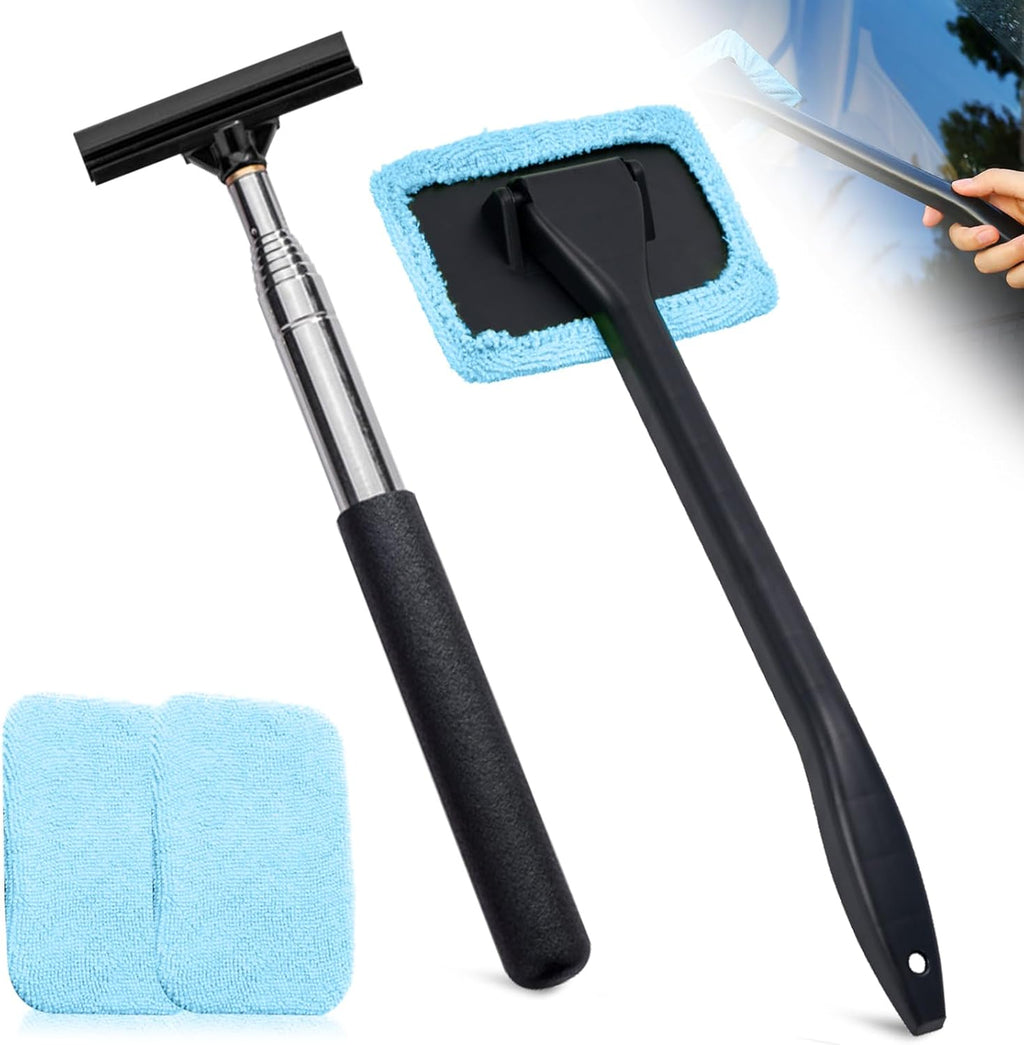 Window Cleaner Tool, Car Windscreen Cleaner Extendable Car Window Squeegee Set with 2 Reusable and Washable Microfiber Pads for Home and Outdoor